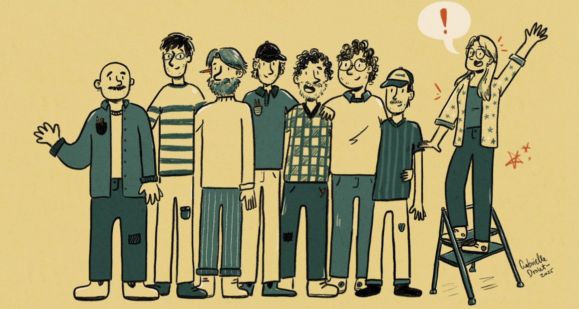 Illustration of one woman cartoonist amongst a group of male cartoonists.