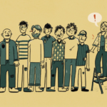 Illustration of one woman cartoonist amongst a group of male cartoonists.
