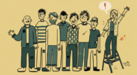 Illustration of one woman cartoonist amongst a group of male cartoonists.