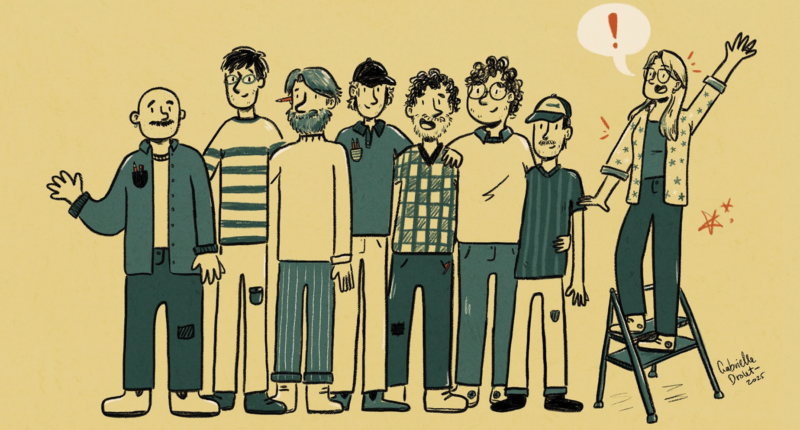 Illustration of one woman cartoonist amongst a group of male cartoonists.