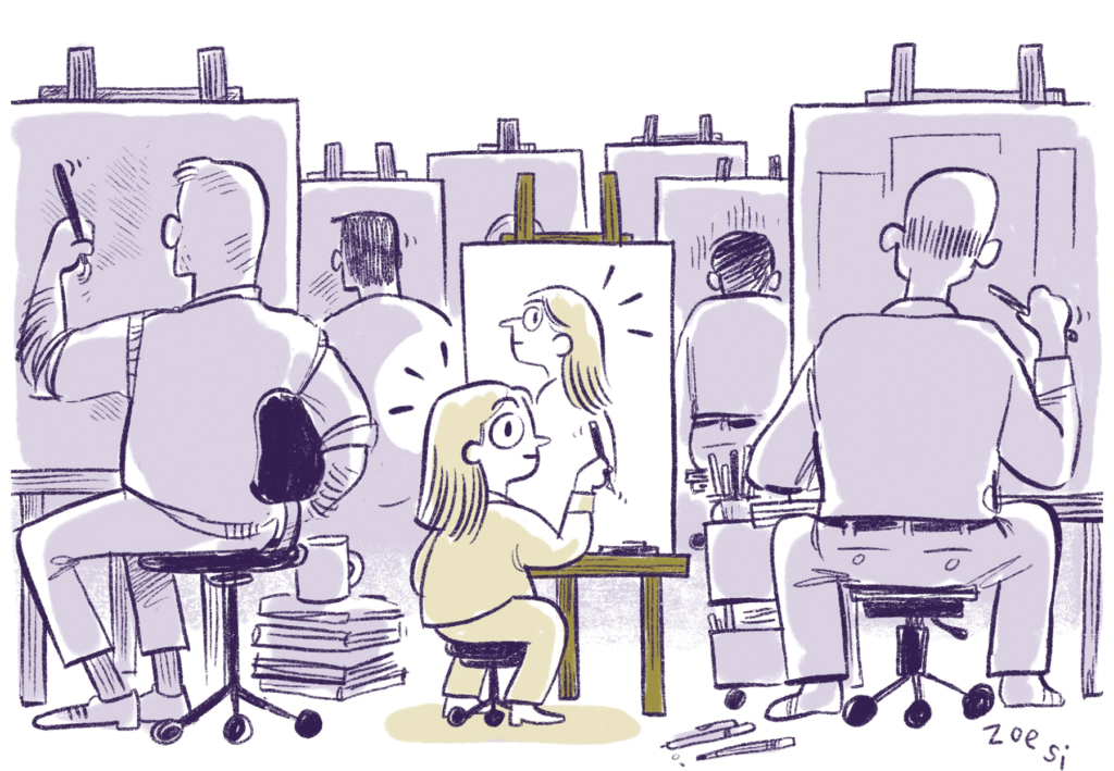 A woman painting on a small easel surrounded by men painting on larger easels.