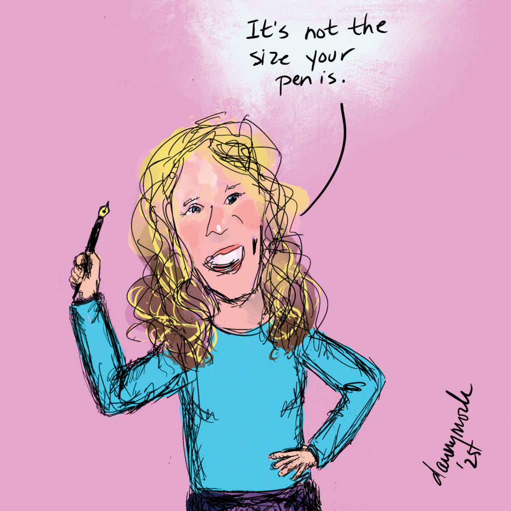 A woman cartoonist with a stencil in hand saying, "Its not the size of your penis."