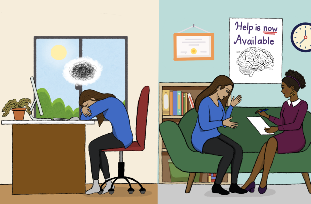 A split screen shows a freelance journalist on the left side, face down at her writing desk, struggling with her mental health. On the right side, the same journalist now sits across from a therapist in her office, discussing how best to help her.