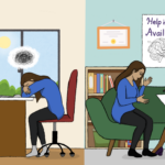 A split screen shows a freelance journalist on the left side, face down at her writing desk, struggling with her mental health. On the right side, the same journalist now sits across from a therapist in her office, discussing how best to help her.