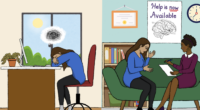 A split screen shows a freelance journalist on the left side, face down at her writing desk, struggling with her mental health. On the right side, the same journalist now sits across from a therapist in her office, discussing how best to help her.