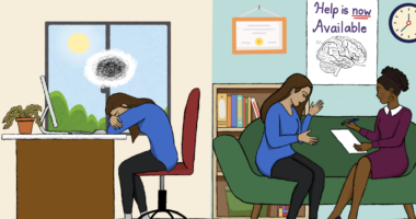 A split screen shows a freelance journalist on the left side, face down at her writing desk, struggling with her mental health. On the right side, the same journalist now sits across from a therapist in her office, discussing how best to help her.