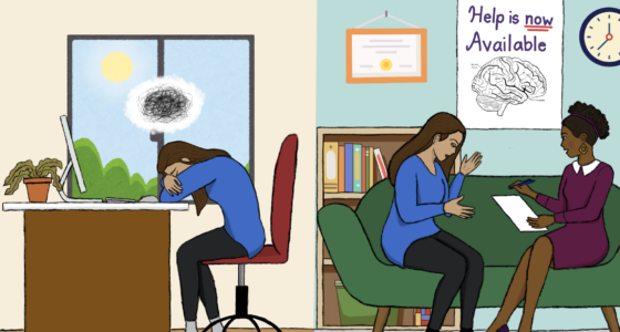 A split screen shows a freelance journalist on the left side, face down at her writing desk, struggling with her mental health. On the right side, the same journalist now sits across from a therapist in her office, discussing how best to help her.