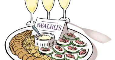 A cheese platter and champagne glasses with a 'The Walrus' tag on it