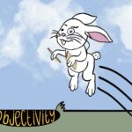 A blue sky with painted white clouds is illustrated as the background, green grass is pictured on the bottom of the image. A white rabbit is at the centre, with three black lines behind it signifying the rabbit jumping from the right to the left. The rabbit is leaping towards a patch of grass, that has objectivity written in yellow text, against a black block. The rabbit holds a notepad in its right paw, and yellow pencil in its left.