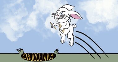A blue sky with painted white clouds is illustrated as the background, green grass is pictured on the bottom of the image. A white rabbit is at the centre, with three black lines behind it signifying the rabbit jumping from the right to the left. The rabbit is leaping towards a patch of grass, that has objectivity written in yellow text, against a black block. The rabbit holds a notepad in its right paw, and yellow pencil in its left.