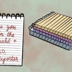 The background of the image is a light pink, in the foreground, a white ringed notepad is pictured. The notepad reads “See you in the field, xoxo Reporter,” written in cursive. Behind the notepad, lies four other notepads stacked on top of each other. From the bottom up, the colors are blue, purple, pink, and yellow.