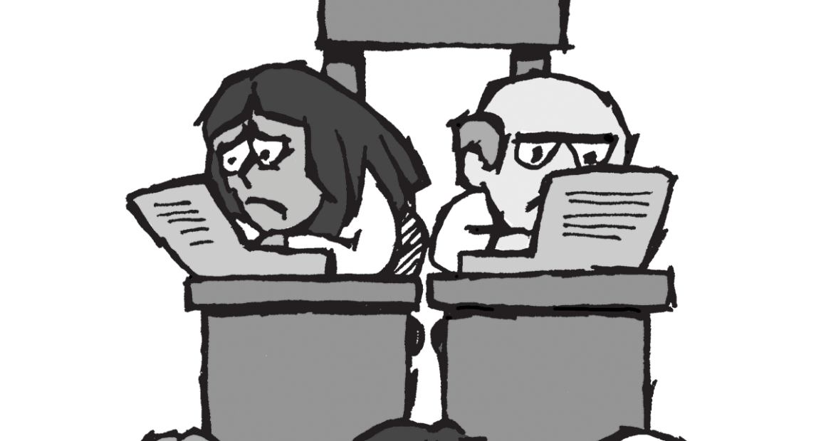 Figures work at desks in a pyramid in grey colour. The figure at the top is in colour and smiling brightly