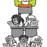 Figures work at desks in a pyramid in grey colour. The figure at the top is in colour and smiling brightly
