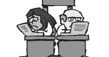 Figures work at desks in a pyramid in grey colour. The figure at the top is in colour and smiling brightly