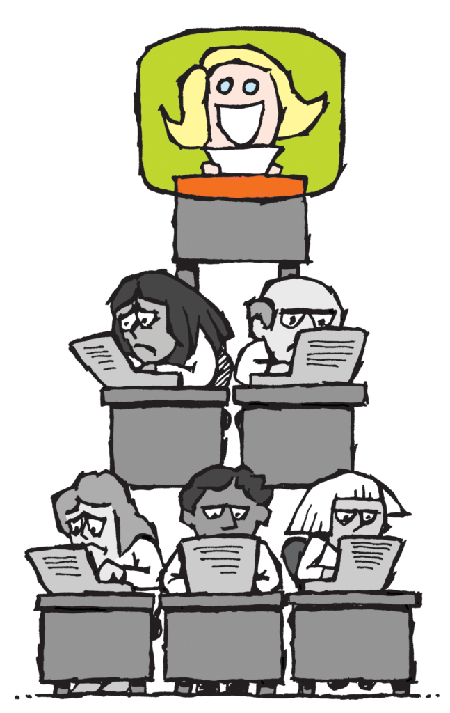 Figures work at desks in a pyramid in grey colour. The figure at the top is in colour and smiling brightly
