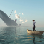 A man looks out at a sinking ship while on a rowboat