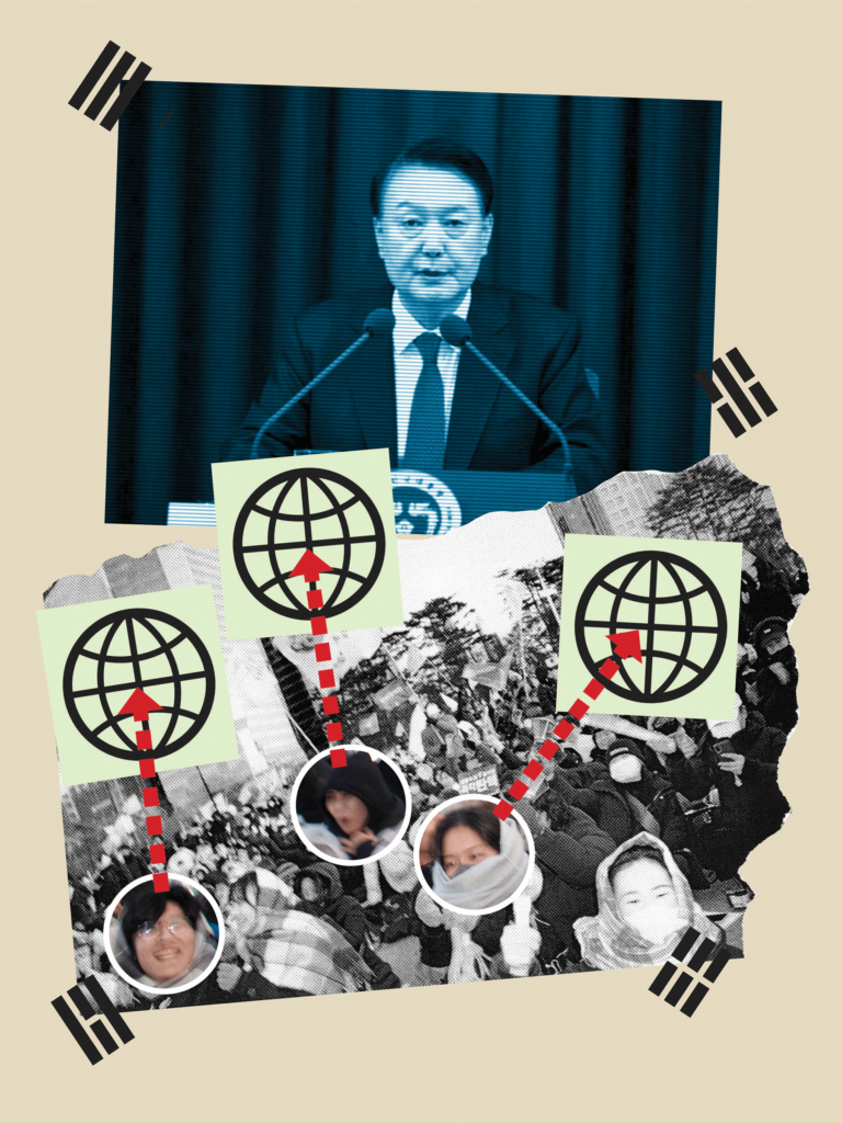 Collage of politician speaking and crowd with enlarged faces.