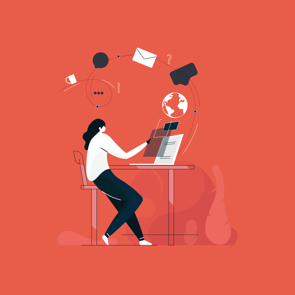 Animated person sitting at desk, app icons flowing from computer.
