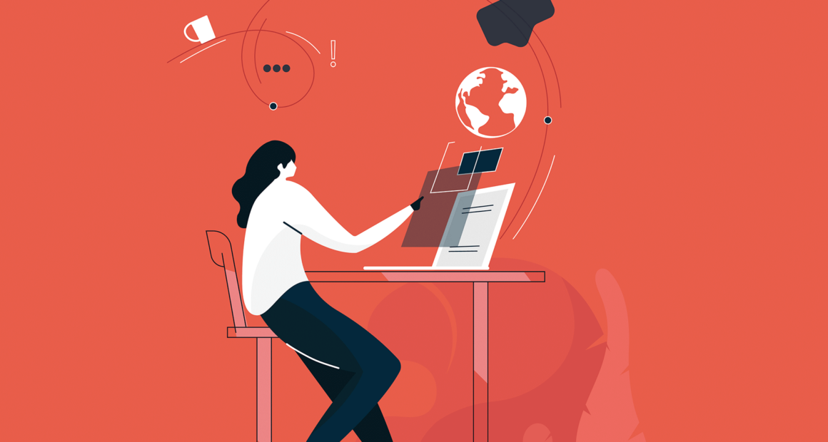 Animated person sitting at desk, app icons flowing from computer.