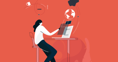 Animated person sitting at desk, app icons flowing from computer.