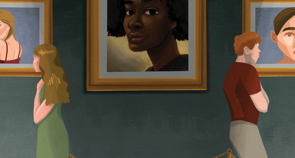 A man and a woman facing away from a painting of a black woman at an art gallery