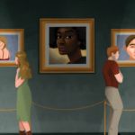 A man and a woman facing away from a painting of a black woman at an art gallery