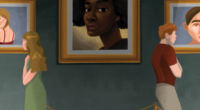 A man and a woman facing away from a painting of a black woman at an art gallery