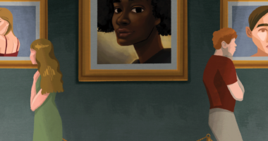 A man and a woman facing away from a painting of a black woman at an art gallery