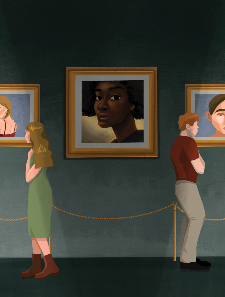 A man and a woman facing away from a painting of a black woman at an art gallery