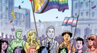 A man stands in a colourful crowd at a pride parade while he is in all grey