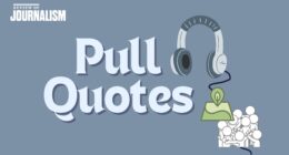 Pull quotes graphic with headphones and hyperlocal community icon on the bottom right corner