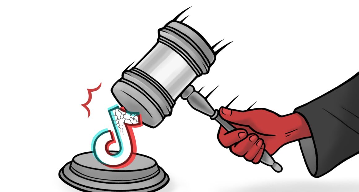 A red hand is illustrated, with a gray sleeve, holding a gray judges gavel. The gavel is mid-swing pictured hammering a cracking TikTok logo.