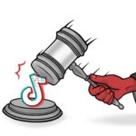 A red hand is illustrated, with a gray sleeve, holding a gray judges gavel. The gavel is mid-swing pictured hammering a cracking TikTok logo.
