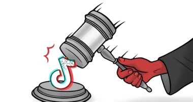A red hand is illustrated, with a gray sleeve, holding a gray judges gavel. The gavel is mid-swing pictured hammering a cracking TikTok logo.