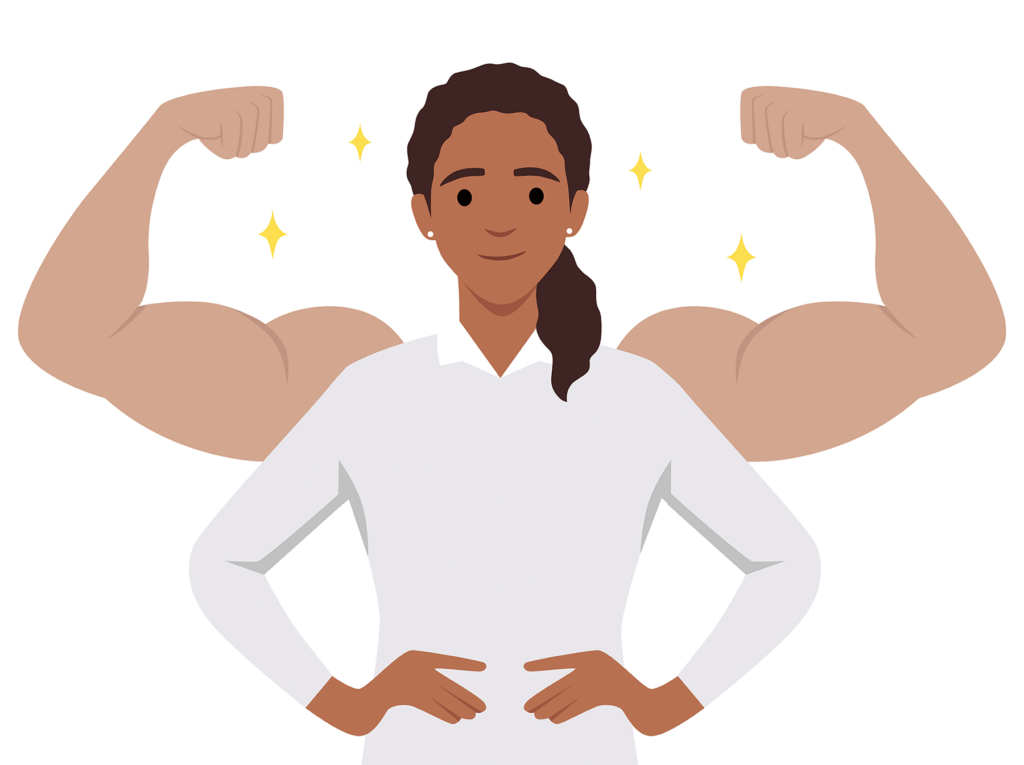 Animated journalist with super-muscles displayed from behind.