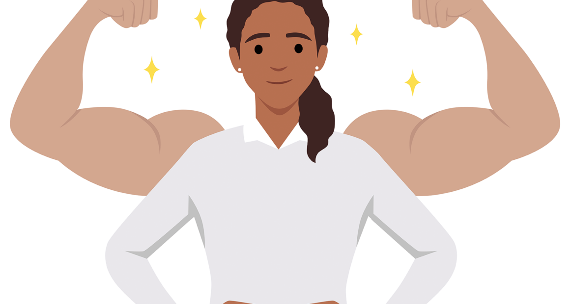 Animated journalist with super-muscles displayed from behind.