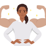 Animated journalist with super-muscles displayed from behind.