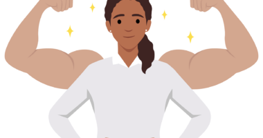 Animated journalist with super-muscles displayed from behind.