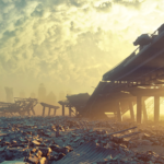 Image of an apocalypse. A city highway wrecked, smokey landscape no people anywhere