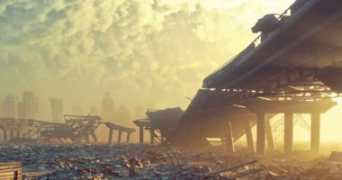 Image of an apocalypse. A city highway wrecked, smokey landscape no people anywhere