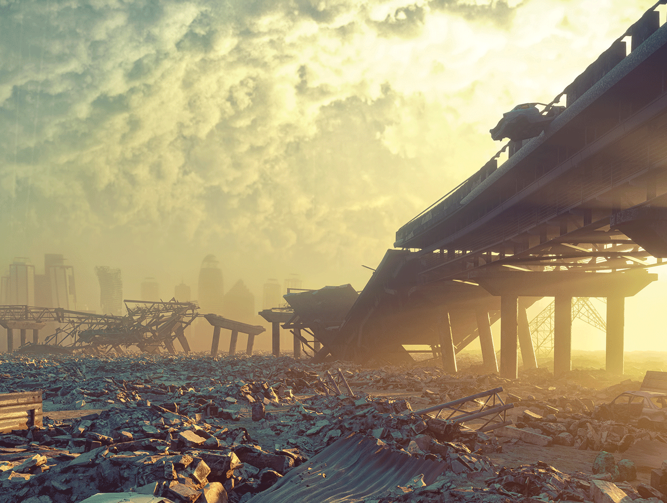 Image of an apocalypse. A city highway wrecked, smokey landscape no people anywhere