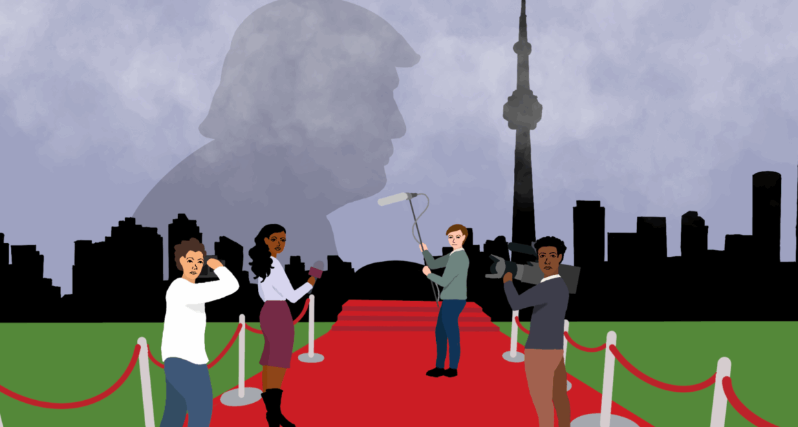 Four journalists reporting on the red carpet at the Toronto International Film Festival peer over their shoulders to meet the viewer’s gaze. In the backdrop behind them, an ominous shadow of U.S. President Donald Trump looms over the Toronto cityscape, partially masked by the clouds.