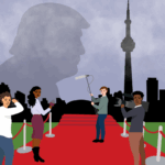 Four journalists reporting on the red carpet at the Toronto International Film Festival peer over their shoulders to meet the viewer’s gaze. In the backdrop behind them, an ominous shadow of U.S. President Donald Trump looms over the Toronto cityscape, partially masked by the clouds.