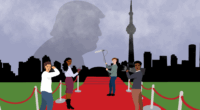 Four journalists reporting on the red carpet at the Toronto International Film Festival peer over their shoulders to meet the viewer’s gaze. In the backdrop behind them, an ominous shadow of U.S. President Donald Trump looms over the Toronto cityscape, partially masked by the clouds.