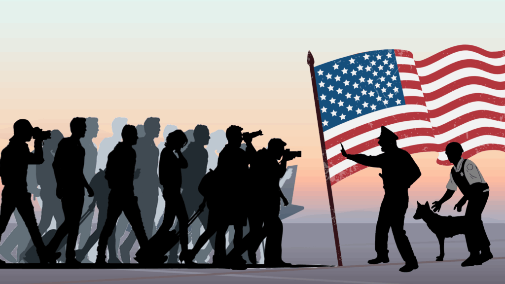 A group of journalists who have just landed in the U.S., walk towards an American flag, ready to do some reporting. However, they are stopped by two border patrol officers who take issue with the purpose of their travel.