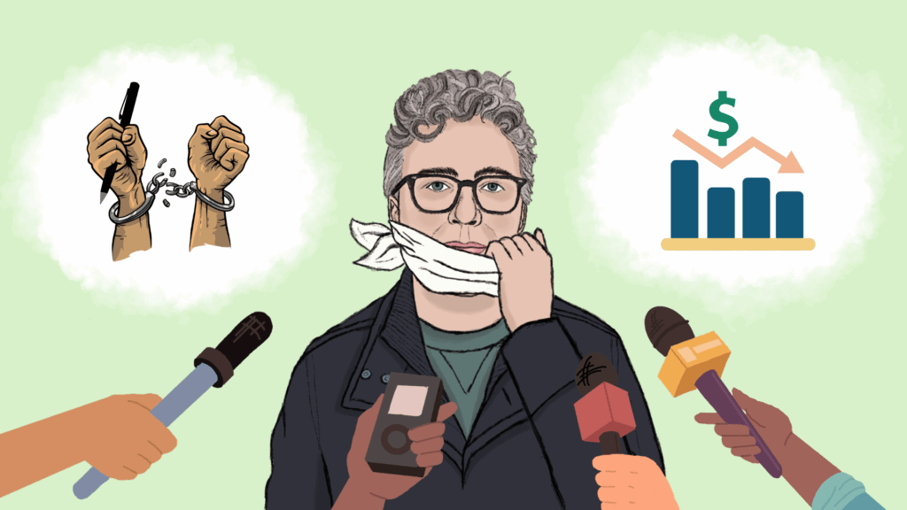 Will Sloan, a Toronto-based writer and podcast host, removes a mouth-cover, ready to speak to several reporters who have their mics pointed at him. He emphasizes his concerns about how current U.S. politics might affect his career, his freedom of speech, and the state of journalism as a whole.
