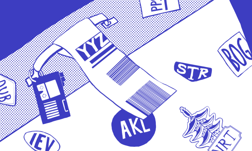A blue and white illustration of a suitcase with a luggage tag of the airport code for Toronto, Ontario on the handle along with a luggage sticker shaped like a voice recorder around the loop of the handle. On the suitcase are various stickers with airports codes for other countries including Dublin (DUB) Ukraine (IEV), New Zealand (AKL), Germany (STR), and Japan (NRT).