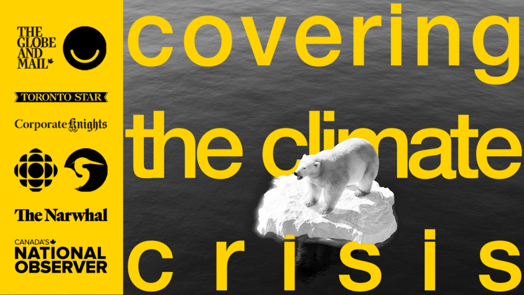 An illustration with black logos of various news organizations on a yellow background located on the left side. On the right side of the illustration is a polar bear standing on a piece of ice in the middle of the ocean and yellow text that reads,