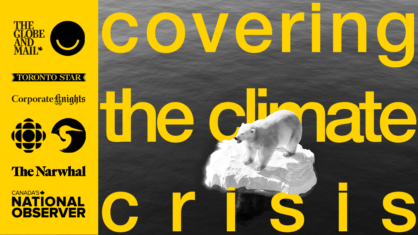 An illustration with black logos of various news organizations on a yellow background located on the left side. On the right side of the illustration is a polar bear standing on a piece of ice in the middle of the ocean and yellow text that reads, "Covering the climate crisis."
