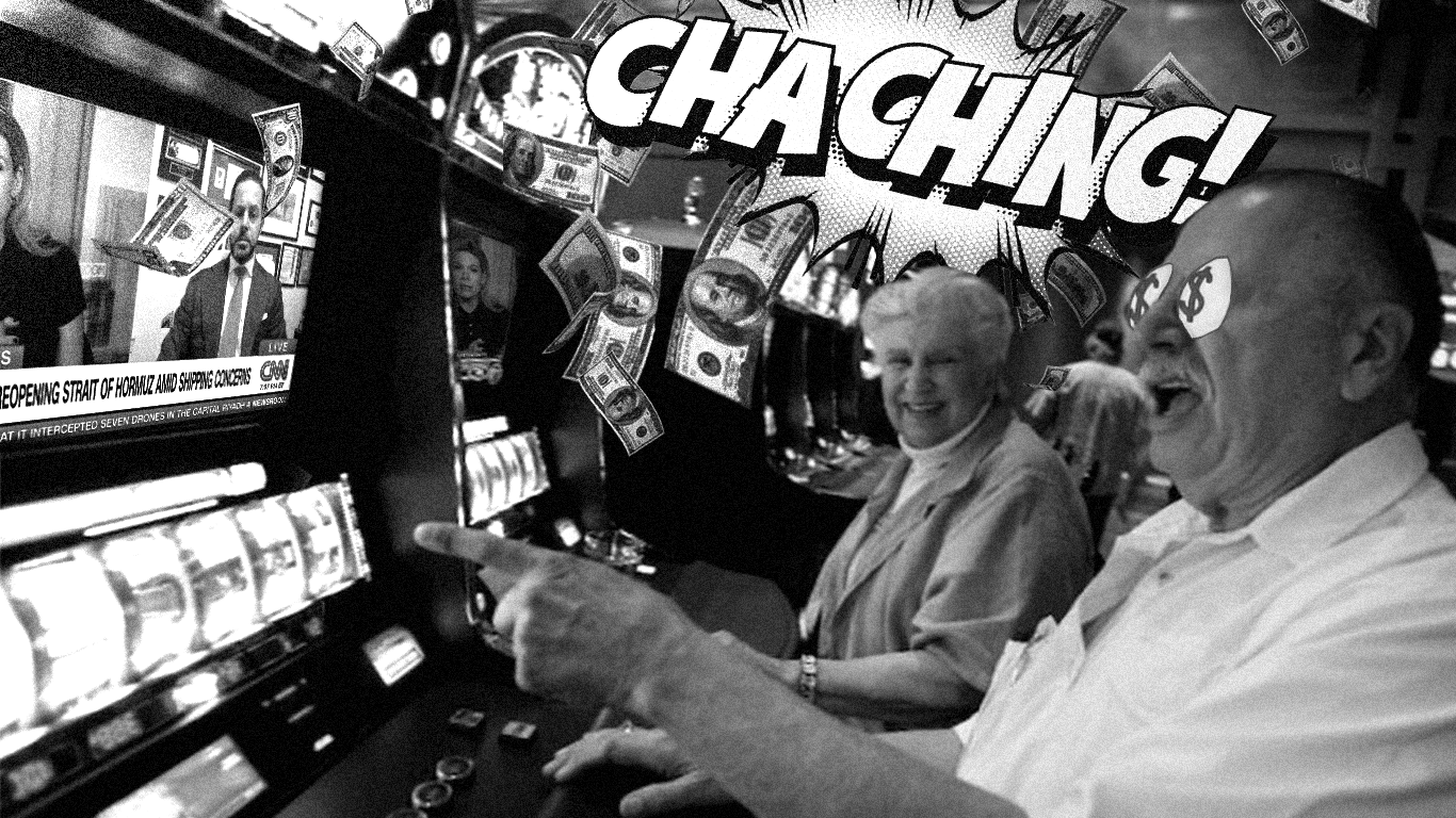A black and white illustration of a man cheering in front of a slot machine with the word "Cha-ching" hanging above his head.